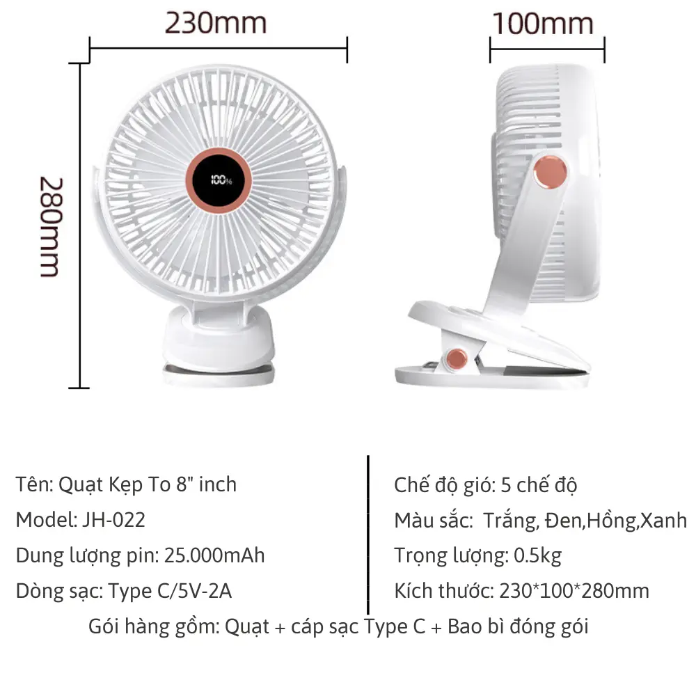 Quạt Kẹp Mini Dể Bàn JH-022 Size Lớn 8 Inch Pin 10000mAh