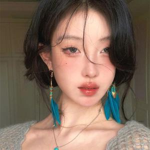 Anting-anting Rumbai Bulu, Warna Biru, Gaya Etnik mewah, Elegan Retro, Panjang, Anting-anting Rumbai Bulu Biru Earrings Jewelry