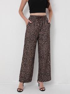 Pantalones de cintura con cordón y estampado de leopardo para mujer, diseño de bolsillo inclinado y cómodos, de pierna ancha, ideales para uso diario, pantalones para damas para todas las estaciones