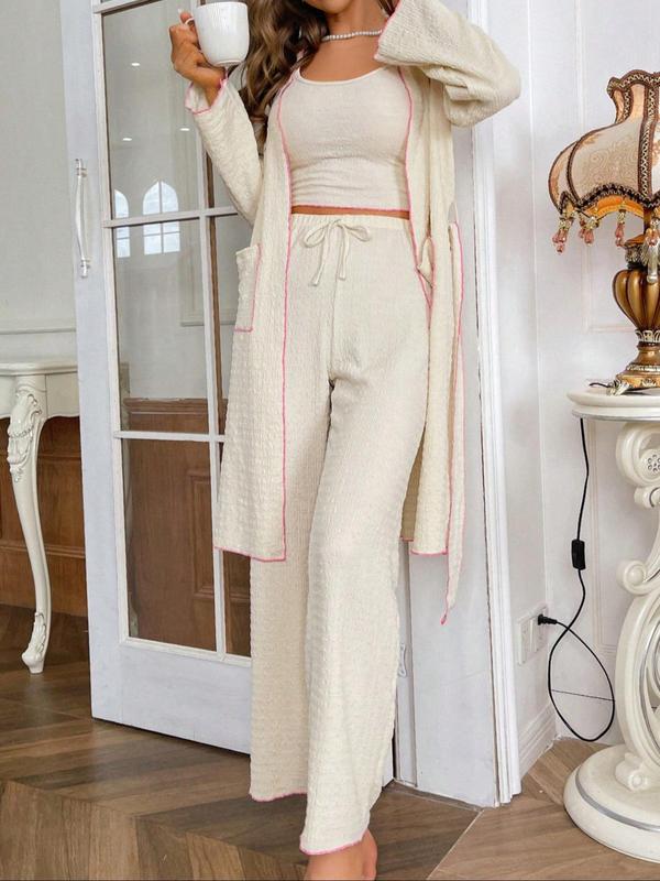 Women's Contrast Binding Belted Lounge Robe & Cami Top & Drawstring Pants Loungewear Set, Casual Comfy Long Sleeve Dressing Gown & Camisole & Trousers Pj Set, Ladies Sleepwear for Spring & Fall 6