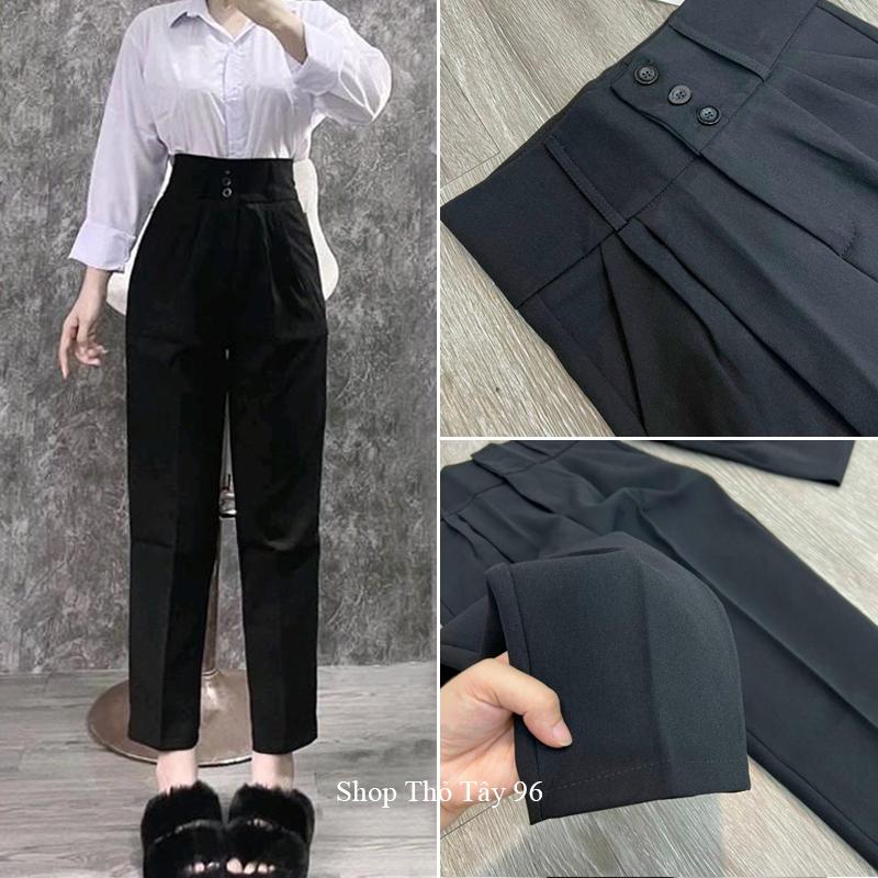 Quần tây nữ lưng cao 3 cúc đi học làm công sở - Quần baggy cạp cao vải dày đáy cao cheo đùi to tôn dáng