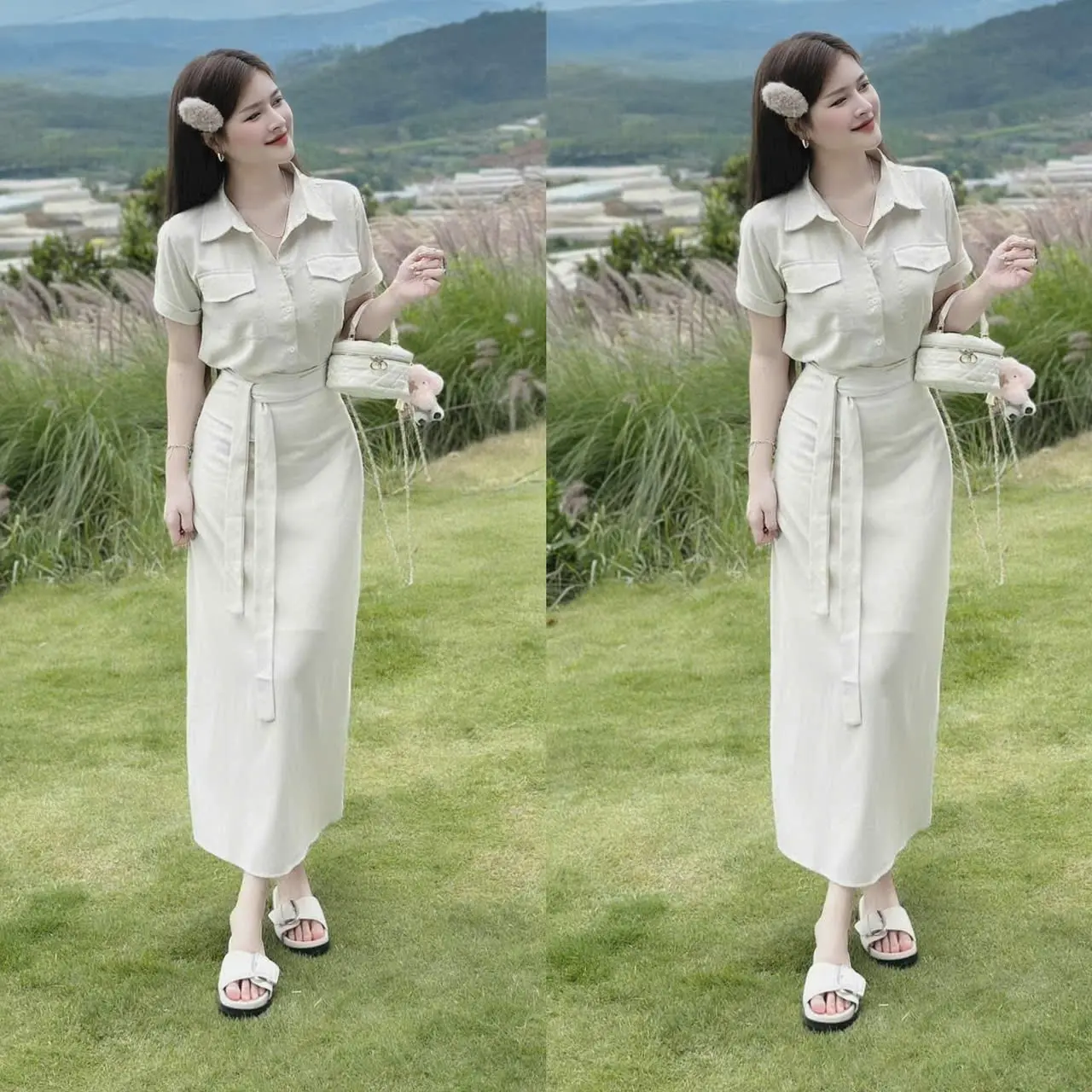 Set váy nữ cotton lạnh thiết kế áo cổ sơ mi cài nút thật ngắn tay mix chân váy dài cột dây eo xinh xắn tông đáng dành cho các nàng diện đi chơi,đi tiệc.  Women top
