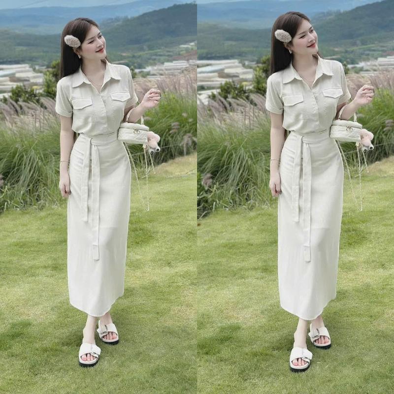 Set váy nữ cotton lạnh thiết kế áo cổ sơ mi cài nút thật ngắn tay mix chân váy dài cột dây eo xinh xắn tông đáng dành cho các nàng diện đi chơi,đi tiệc. Women top