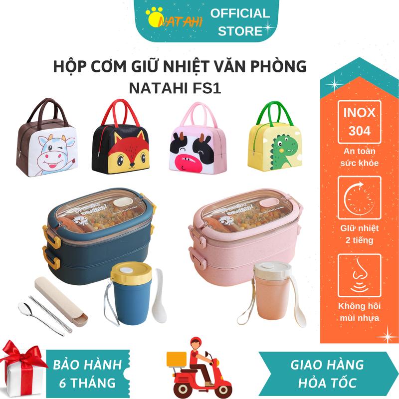  Hộp cơm giữ nhiệt văn phòng lúa mạch NATAHI FS1 2 tầng Inox chống gỉ sang trọng combo gồm 4 món được tặng kèm sticker dễ thương 