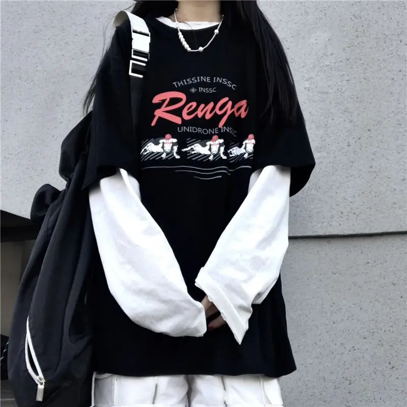 Áo Thun Dài Tay, Phong Cách Hàn Quốc Mới Mùa Thu 2024, Phong Cách Harajuku Ins, Màu Đen, Thiết Kế Giả Hai Mảnh, Dáng Rộng Vừa Vặn, Thích Hợp Cho Học Sinh, Thời Trang Nữ