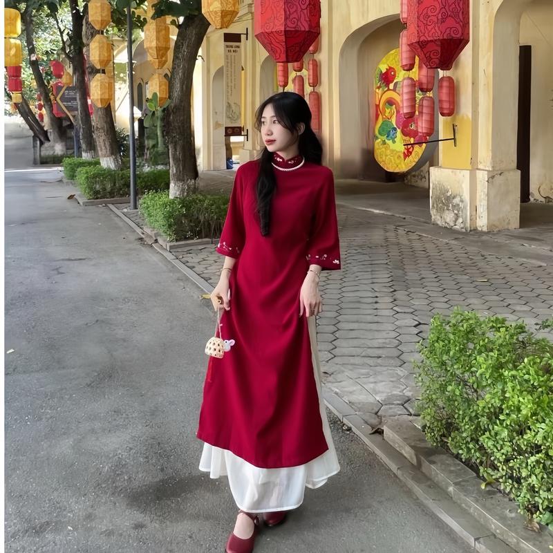  Áo dài cách tân nữ Tết 2025 cổ trụ thêu hoa chất vải nhung mặc Tết mặc đi chơi đi chùa nhiều màu xinh 
