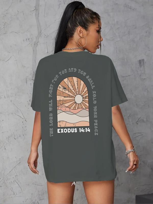 Women's Round Neck Drop Shoulder Graphic Tee, Summer Clothes Women, Casual Half Sleeve Crew Neck T-shirt for Summer, Women's Top for Daily Wear, Women's Clothing 8