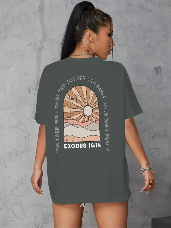 Women's Round Neck Drop Shoulder Graphic Tee, Summer Clothes Women, Casual Half Sleeve Crew Neck T-shirt for Summer, Women's Top for Daily Wear, Women's Clothing 8