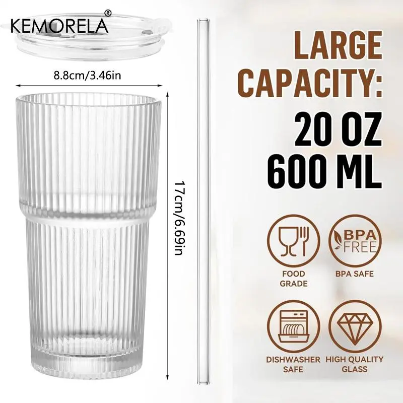 20oz Glass Cup with Lid & Straw, 1/2 Counts/set Glass Tumbler with Straw & Lid, Vintage Glassware for Whiskey Cocktail Beer Iced Coffee, Kitchenware, Drinkware, Summer Cool Bottle, Drinking Glassware 1
