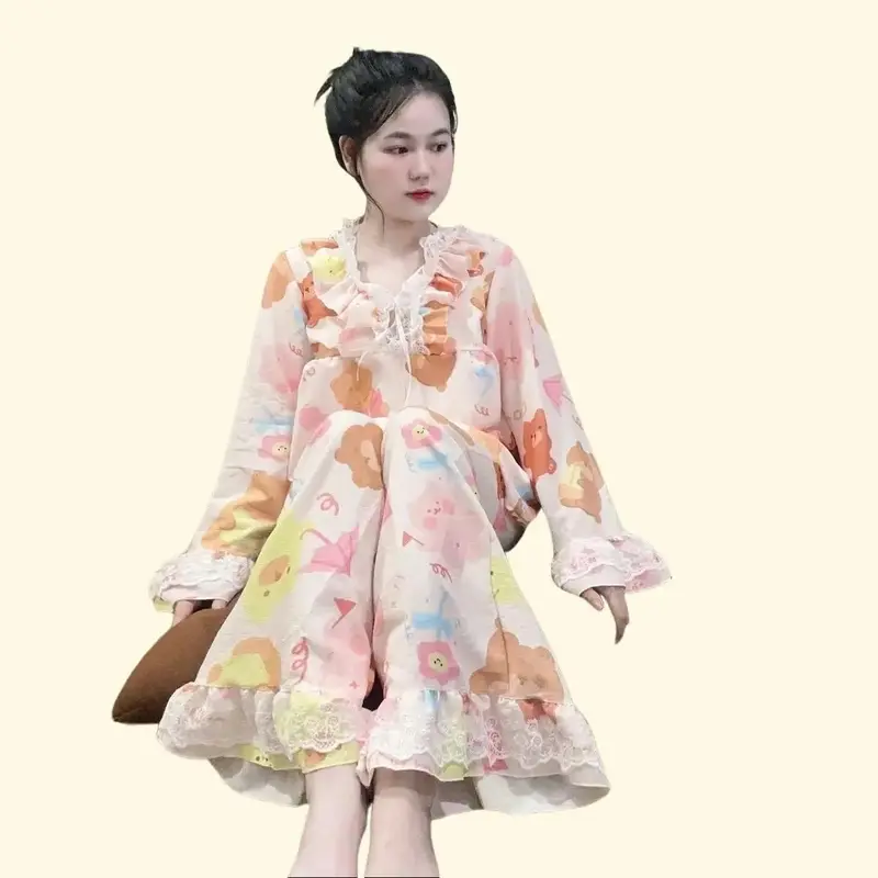 Đồ bộ hoạt hình tiểu thư đũi xốp phối ren Women Nữ Top 3