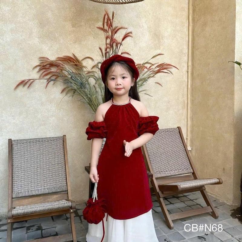 Áo dài nhung đỏ cổ yếm Ngọc tay phồng rời siêu đẹp kèm chân váy hai lớp kèm mấn bé gái xinh 8-30kg