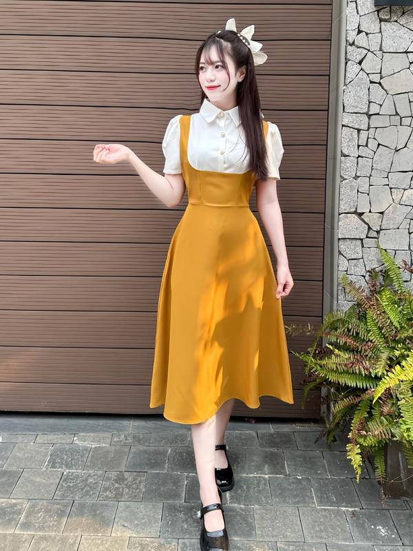 [FREESHIP] A25- Đầm váy Công Sở MIJU váy yếm liền đính cúc ngọc chất liệu cotton lạnh dày dặn, mềm mịn dáng xoè chữ A phù hợp đi làm đi tiệc đi chơi giáo viên Mijustore Women Dress Nữ Màu Nâu 2