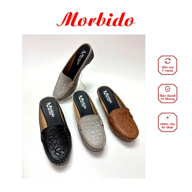 Giày Sục Nữ Thêu Hoa - Dép Sục  Da Bò Thật Đế Xuồng 4cm Morbido M509 5