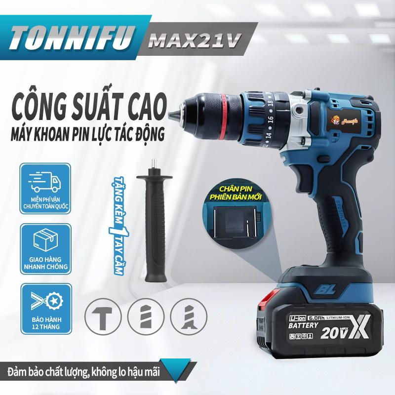 Máy khoan pin cầm tay TONNIFU 13ly 21V, không chổi than, pin phổ thông 10 cell. BẢO HÀNH 6 THÁNG tặng kèm tay cầm phụ maykhoan cam khoan  pin máy  khoan 13 ly