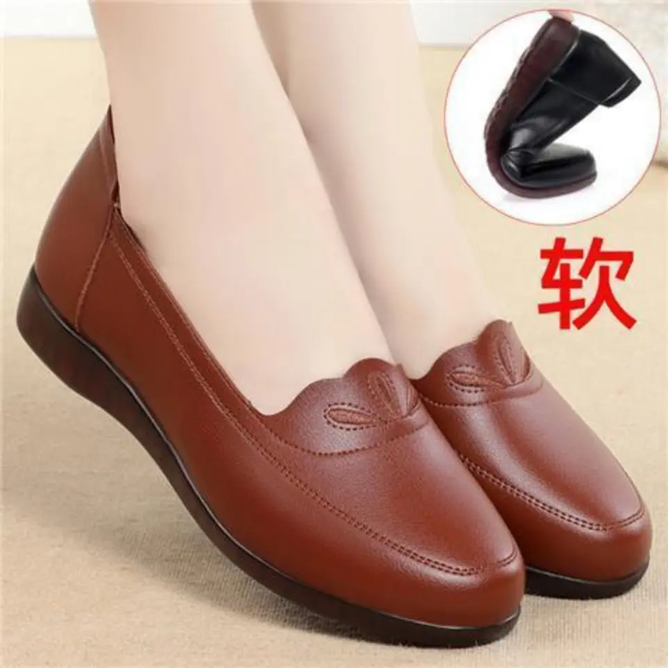 Giày Lười, Da Thật Mềm, Đế Mềm, Phẳng, Không Trơn Trượt, Giày Cho Mẹ Trung Người Già Và Cao Tuổi, Giày Nữ, Giày Cao Gót, Thích Hợp Cho Mùa Thu