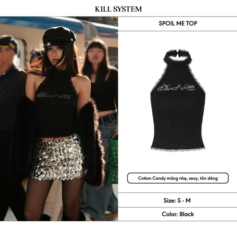 KILLSYSTEM - Áo yếm hở lưng croptop SPOIL ME phối ren đính đá lấp lánh ôm body