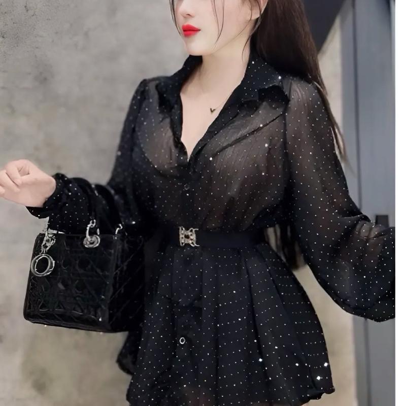 Áo sơ mi voan đá sáng rộng kèm dây đai Nữ Women Voi Top Kem 0