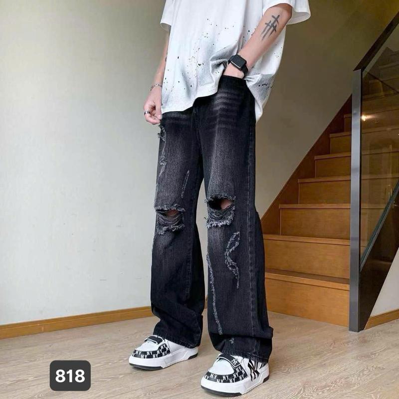 Quần baggy jeans nam ống rộng có túi màu đen wash xám nhạt rách gối cao cấp - NấmStore BG818 chất bò dãn nhẹ from dáng chuẩn Menswear Pants