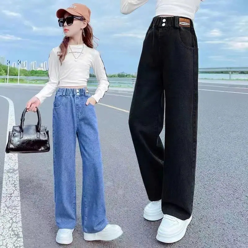 Quần Jean Xuông 2 Khuy  Cạp Chun Mềm Co Giãn Cho Bé Gái quần  nỉ quần  nỉ quần  ống quần  jean quần  jean Ong Women