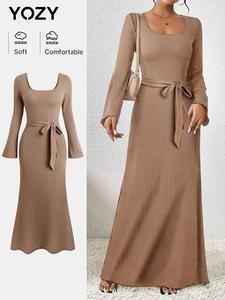 YOZY Women's Textured Belted Flounce Sleeve Ribbed Dress, Casual Square Neck Long Sleeve A Line Dress for Spring & Fall, Women's Clothing for Daily Wear