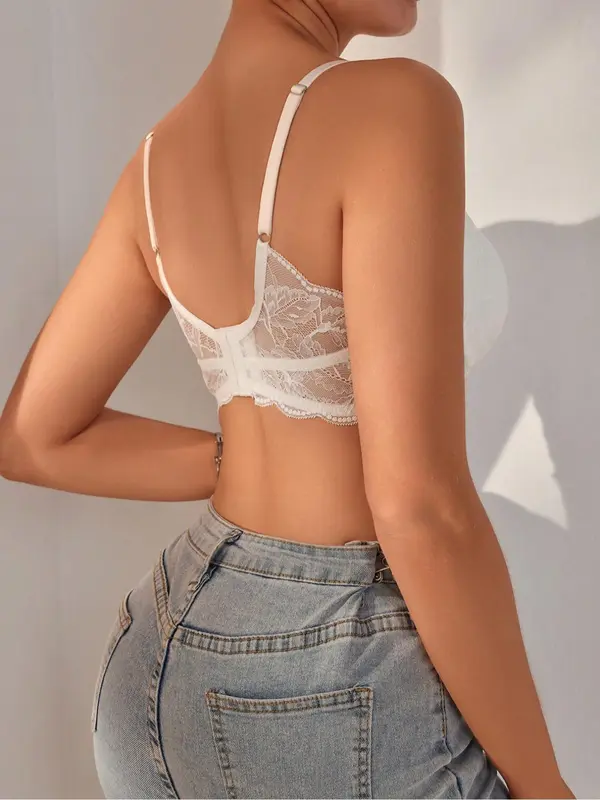 Women's Solid Floral Lace Wireless Bra, Adjustable Strap Sheer Backless Bra, Soft Comfy Breathable Lingerie for All Seasons 4