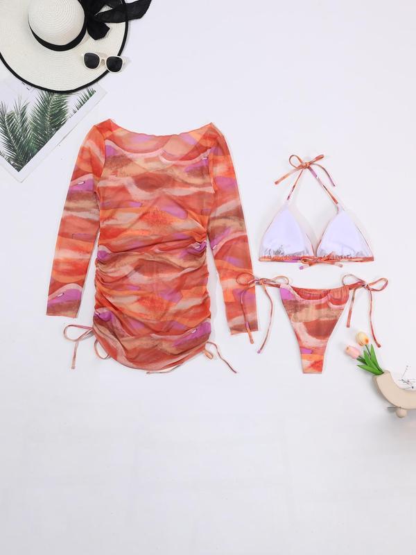 Plus Size Three-Piece Set All Over Print Three-piece Set, Halter Bikini Top & Drawstring Cover Up Dess & Tie Side Bikini Bottom Set, Women's Swimsuit for Summer Vacation 1