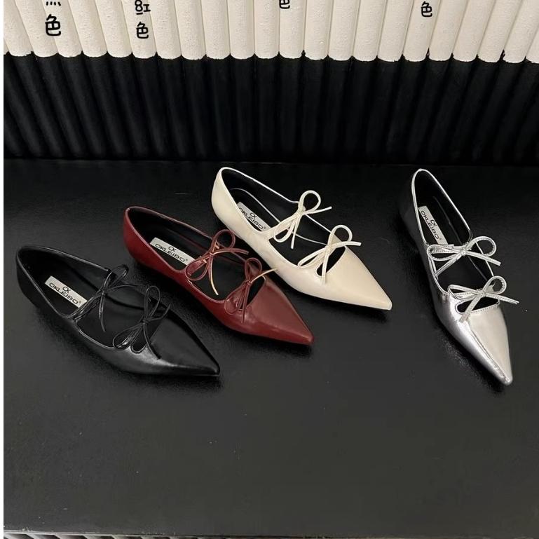 MEYBANNI - C124 - GIÀY BÚP BÊ MŨI NHỌN ĐỘN ĐẾ TRONG PHỐI 2 NƠ TIỂU THƯ