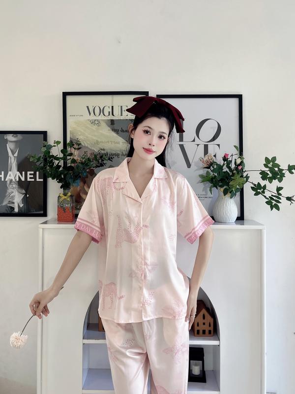 LATIN A29 ( 40- 60Kg) - Pijama latin lụa mịn thiết kế họa tiêt BÁO HỒNG  TAY NGẮN, TAY DÀI
