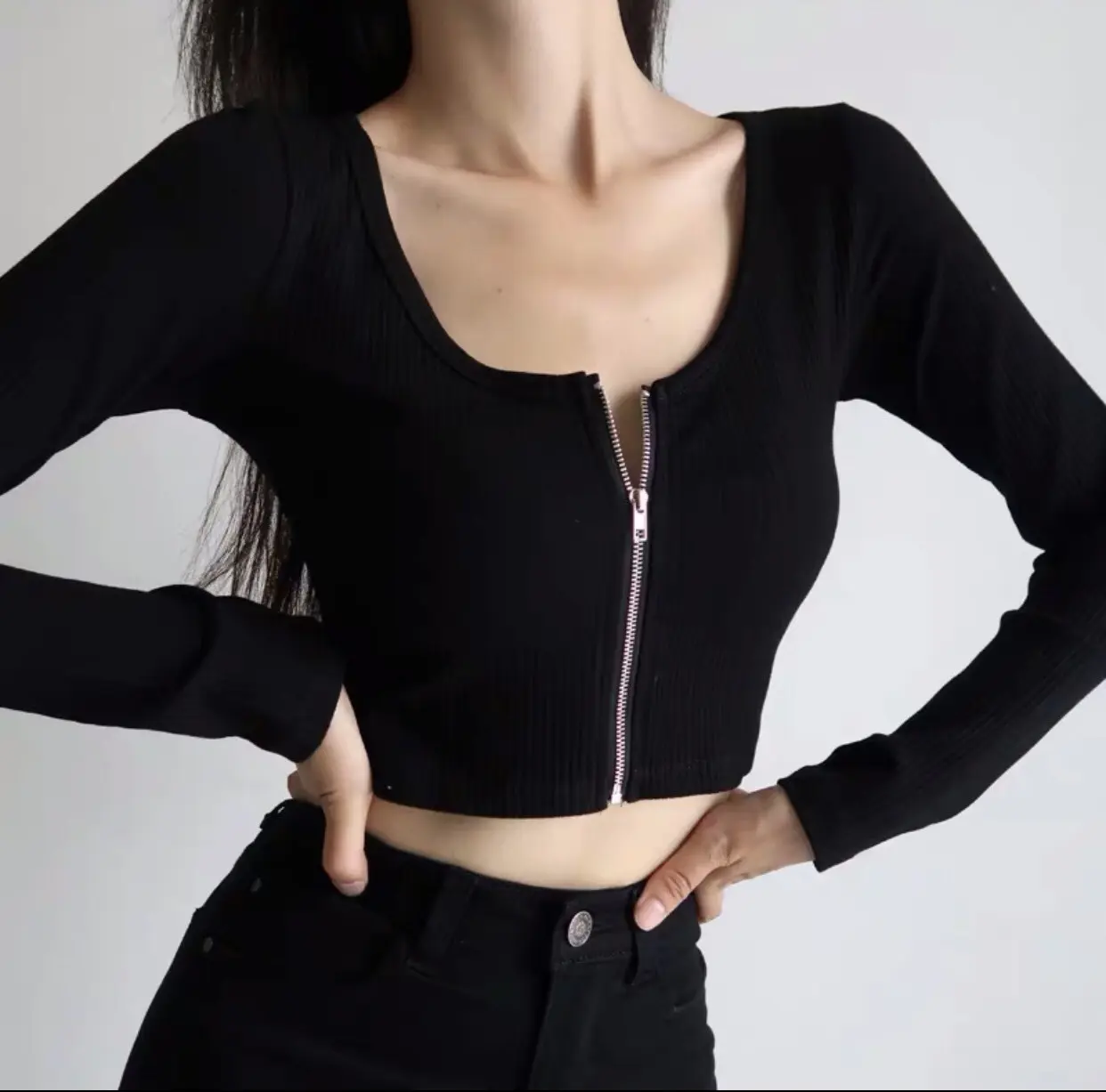 Áo croptop tay dài dây kéo thun gân - Crt dài tay dây kéo chất đẹp A4-00 | BigBuy360 - bigbuy360.vn