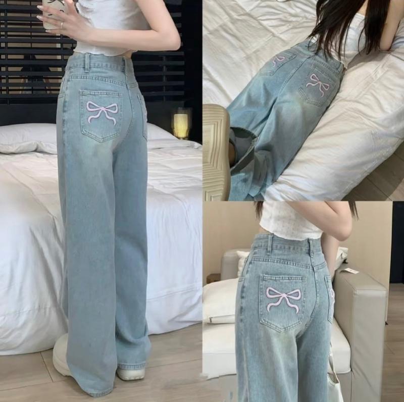 ( S-XL ) Quần Jean Suông - Quần Jean Ống Rộng Thêu Nơ Hồng Túi Sau Basic Lưng Cao Ôm Eo QC HYDI Jeans FullSize S M L. Nữ Women Ong Pants quần jeans quần bigsize