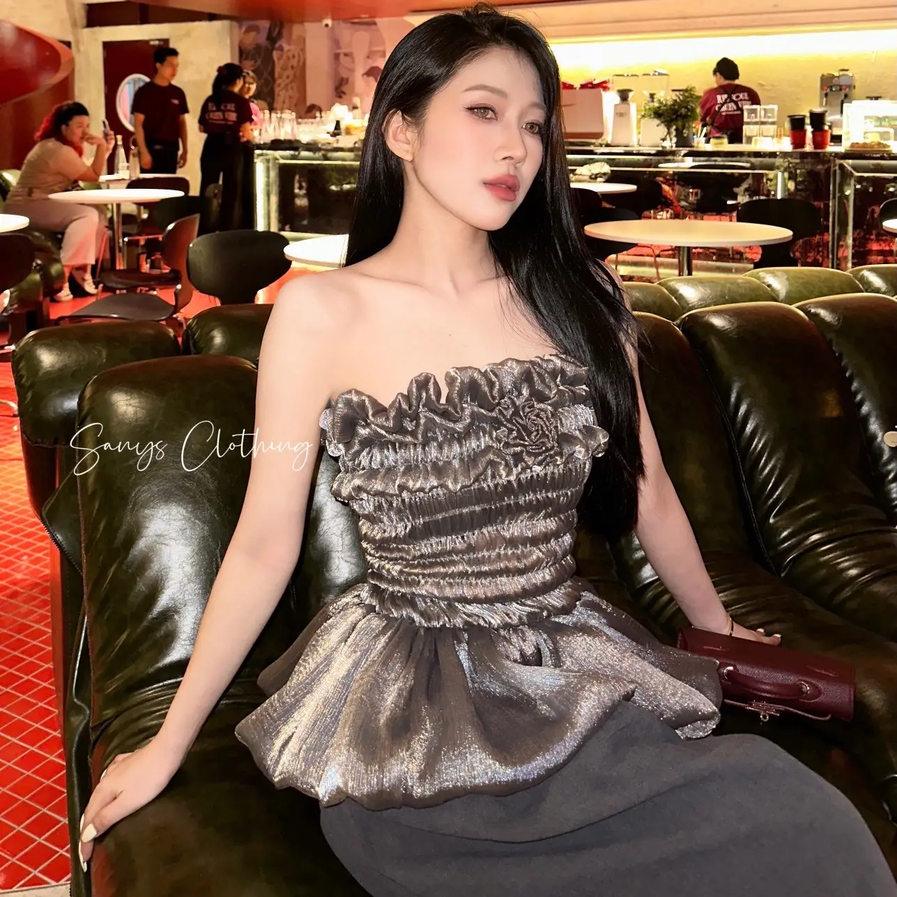 ÁO BLING ĐÍNH HOA THIẾT KẾ NHÚN BỒNG XÒE TÔN DÁNG SANG CHẢNH ĐI TIỆC 2024 - Thiết kế SANYS CLOTHING Women Top Nữ Nhung