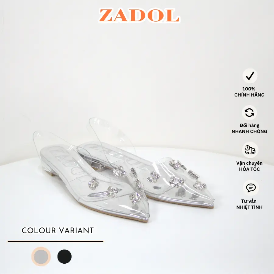 Zadol 011 - Giày Sục Nữ Đế Bệt Bít Mũi Nhọn Hở Hậu, Giày Búp Bê Bạc Mica Trong Suốt Đính Đá Form Đẹp