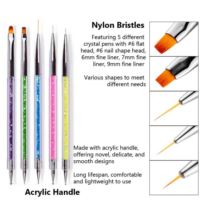 Dual-Headed Acrylic Nail Art Brush, 5 Counts Nail Art Dotting Brush, Liner, Drawing Tool for Nail Tips Designs 2