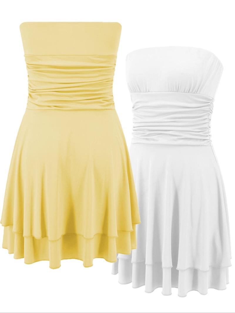 Product Introduction of Women's Solid Ruched Backless Tiered Layer Tube Dress, Elegant Strapless Sleeveless A Line Short Sundress, Casual Dresses for Women, Holiday Dresses, Minimalist Summer Dresses, Lady Clothes for Beach Holiday 6