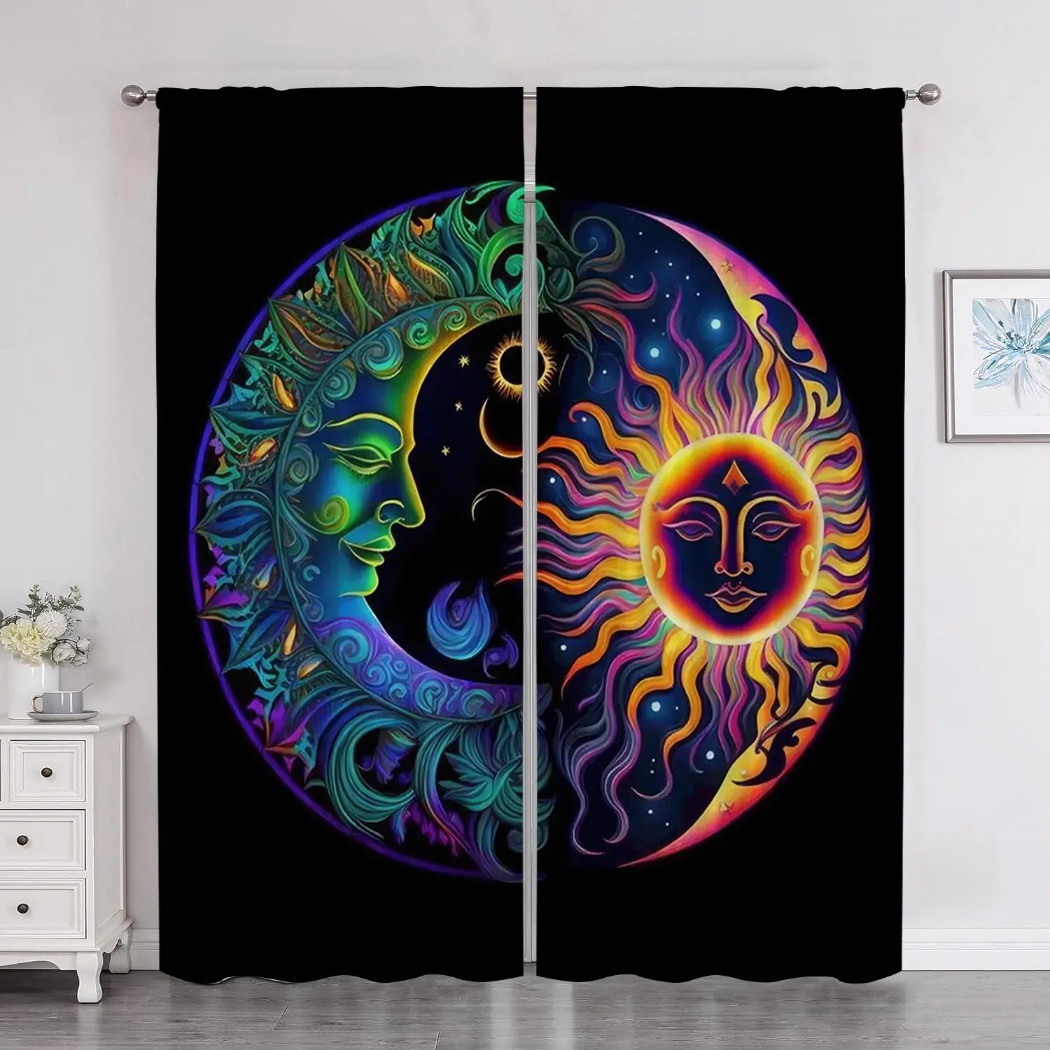 Vintage Sun & Moon Pattern Door Curtain, 2 Counts/set Semi-transparent Door Curtain, Home Decor for Living Room & Bedroom