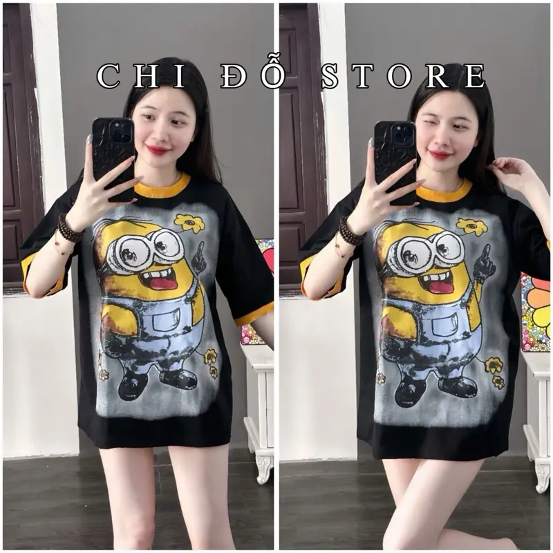 ÁO THUN NAM NỮ - PHỐI VIỀN IN HÌNH MINION  VÃI COTTON FROM 40kg - 70kg