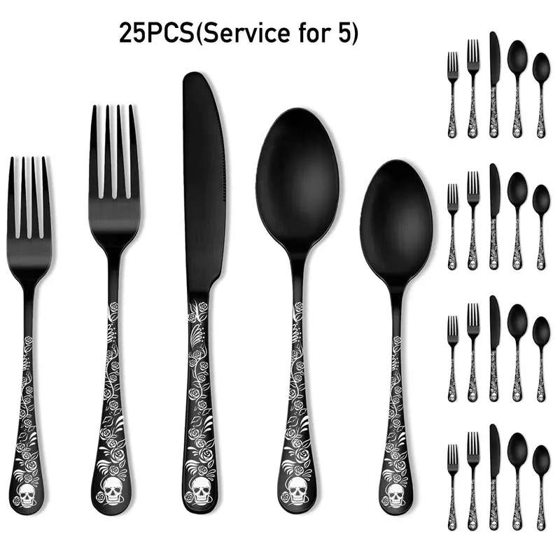 Gothic Style Flatware Set, 5/25pcs Skull & Rose Pattern Flatware Set, Stainless Steel Cutlery Set, Tableware Set for Home Kitchen 7