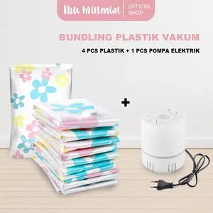 IBUMILLENIAL Set Plastik Vacuum Bag 4pcs Pompa Listrik Vacuum 1pcs Plastik Baju Travel - PVS001 Klip Plastic
