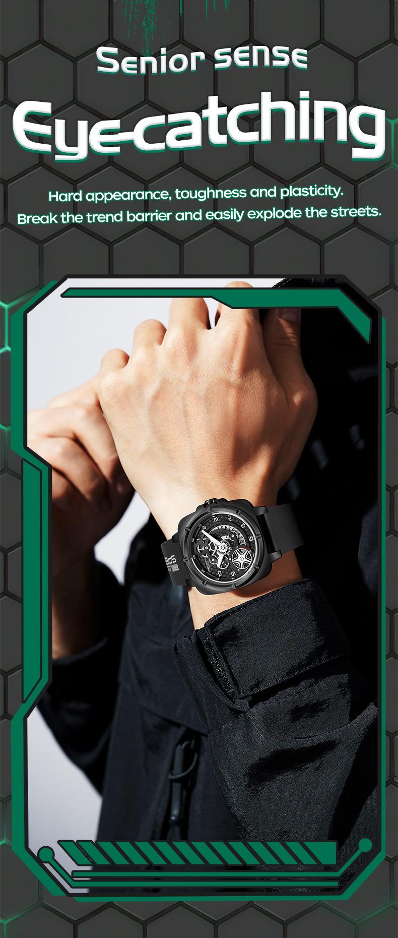 Product Introduction of Square Watch Men's Mechanical Style Sports Fashion Watch National Style Luminous Waterproof Silicone Band Quartz Watch 11