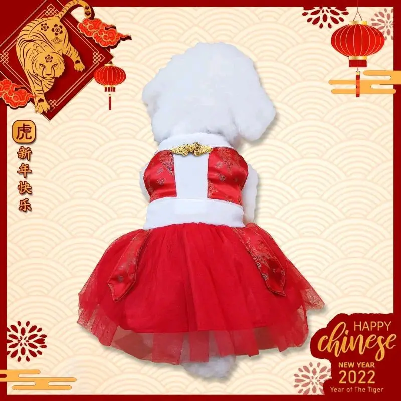 Baju Dress Anjing Kucing Red Dragon White Fur CNY Imlek Edition