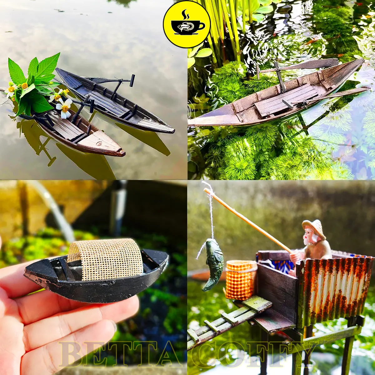 Mô Hình Thuyền Nhựa Xuồng Ba Lá Cầu Cá Tra Dã Gỗ Nổi Trang Trí Bể Cá, Bể Thủy Sinh Tiểu Cảnh non bộ