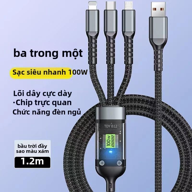 Cáp dữ liệu sạc nhanh, 100W, trong suốt, màn hình kỹ thuật số phát sáng, 3 trong 1, một kéo ba, Bán Chạy 0