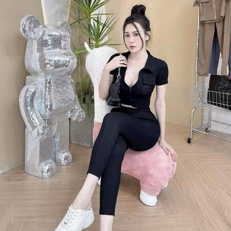 Sét bộ Nữ thun tăm lạnh co giãn dày dặn, Áo túi nắp crop top cổ trụ khoá kéo , quần lưng siêu cao có túi Women 7