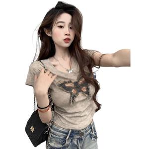 เสื้อยืด ลายผีเสื้อ แขนสั้น สำหรับผู้หญิง ใส่หน้าร้อน อเนกประสงค์ ทรงสลิมฟิต ความยาวสั้น เสื้อซ่อนไขมัน อินเทรนด์ Clothing Women Lady Tshirt