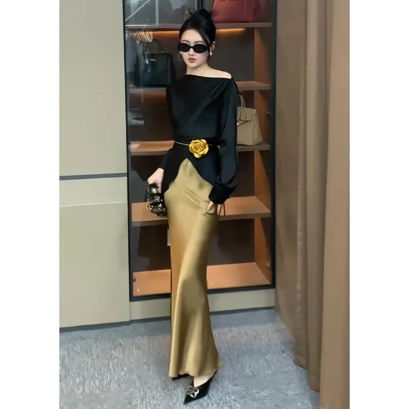 Bộ Váy Băng Quấn Nữ Thần, Cao Cấp Và Thời Trang, Áo Sơ Mi Bất Đối Xứng Thanh Lịch Và Sang Trọng, Váy Đuôi Cá Satin, Dành Cho Phụ Nữ Trưởng Thành, Phong Cách Quý Cô Women Top