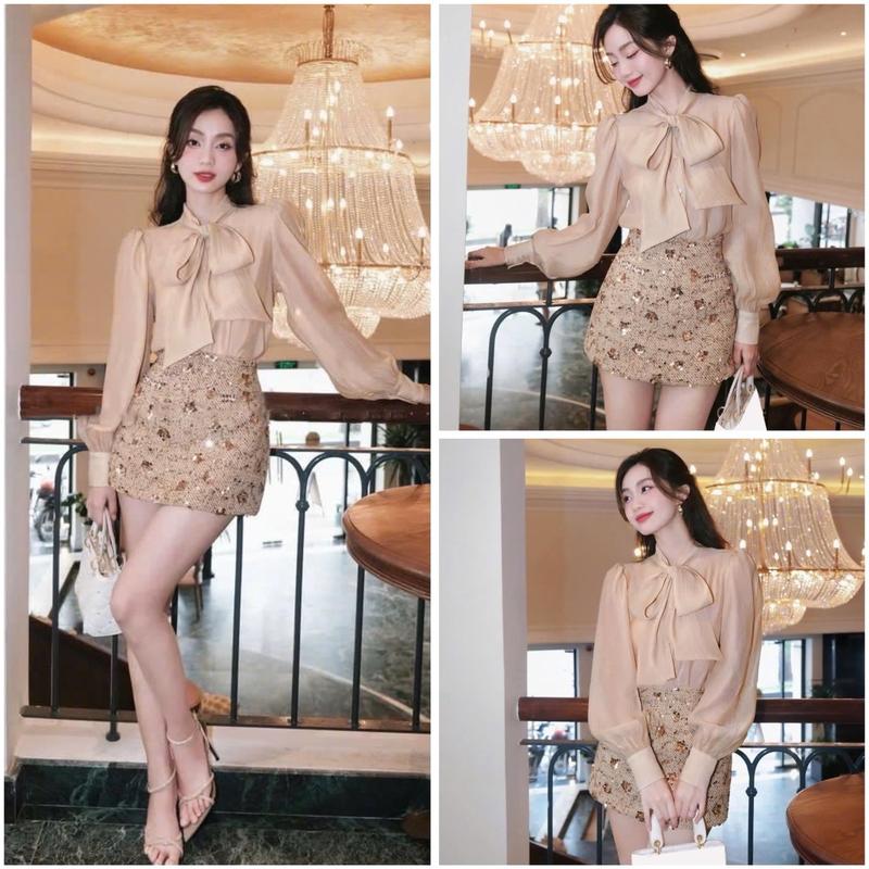 LYNA - Set Váy Dạ Đính Kim Sa Mix Áo Sơ Mi D95