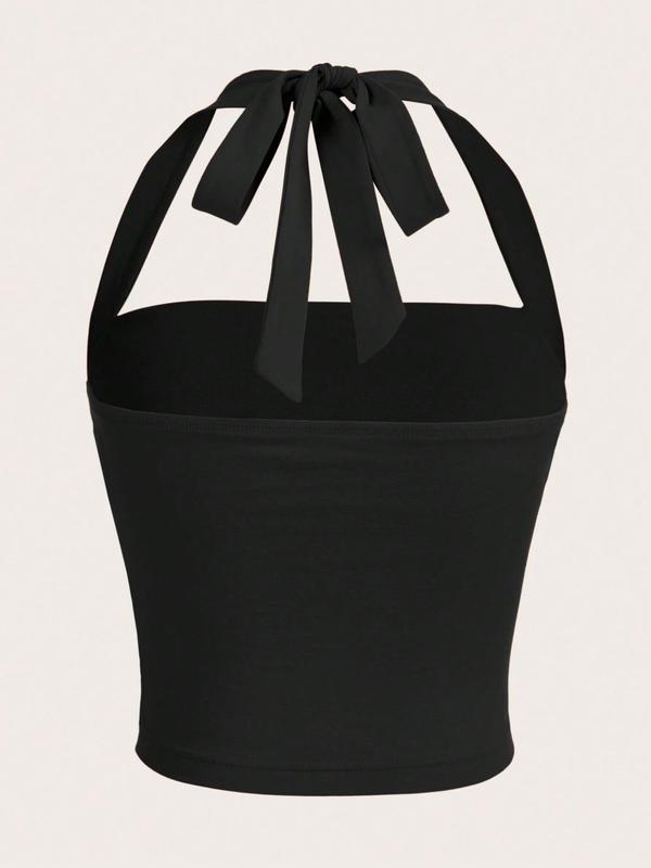 Women's Solid Ruched Halter Neck Backless Crop Top, Summer Clothes, Going Out Top, Holiday Outfits, Casual Elegant Sleeveless Tie Back Top for Summer, Ladies Clothes for Daily Wear 5