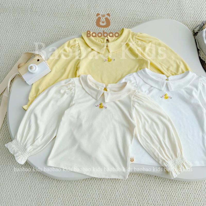 BAOBAO-HÀNG SẴN ÁO THUN DÀI TAY COTTON CỔ SEN THÊU VỊT XINH XẮN ĐÁNG YÊU CHO BÉ GÁI - MZ9126