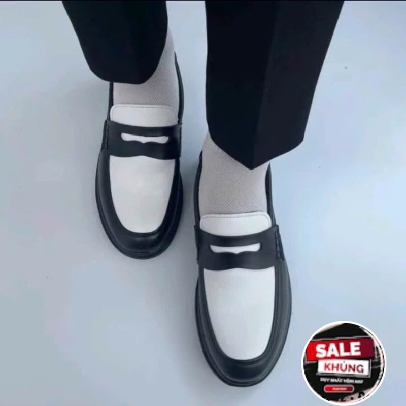 giày peny loafer da nam hàng kĩ phối da đen với sân lật trắng đai thủng cánh én giày dự tiệc nam da sít hàng kĩ mã g012 GiàY Loafer penny mua thì nhớ đặt lùi lại 1 size so vơi giày mình đang di