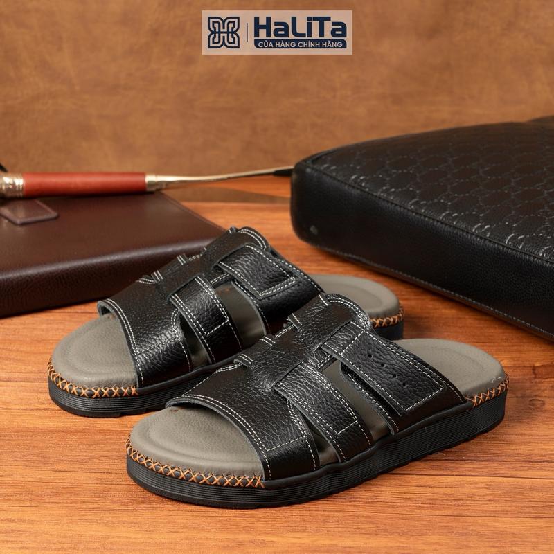   HALITA  Dép Nâng Chiều Cao Quai Trùm Dép Da Nam Đế Cao Su Nhẹ Và Cao Mặt Da êm chân Đế Bằng Khâu Chỉ Toàn Bộ. 
